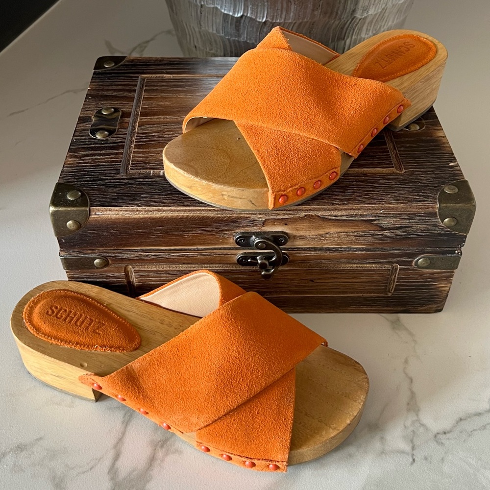 Schutz Jett Suede Clog Sandals in Tangerine